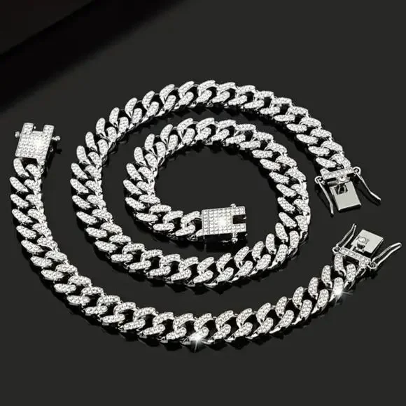 Iced Out Silver Plated Cuban Necklace & Bracelet Set THICK 12mm Miami Bling NEW